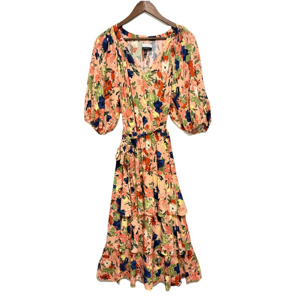 Eloquii Elements Floral Faux Wrap Midi Dress Pink Puff Sleeve Belted 16